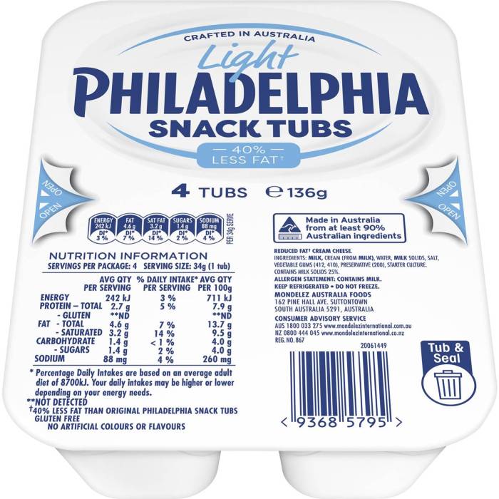 Philadelphia Light Cream Cheese Nutrition